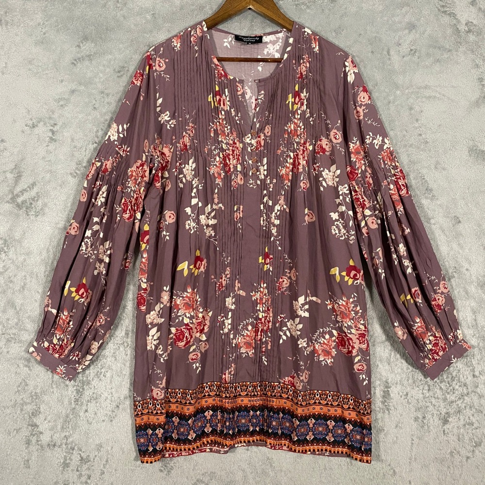 Feathers by Tolani Tunic Sz M Purple Floral Boho Pintuck Balloon Sleeve‎ Modal